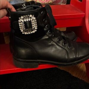 Alex Marie Black Leather Lace-Up Ankle Boots with Rhinestone Buckle size 10